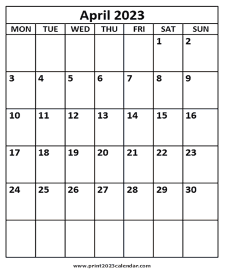 April 2023 Printable calendar