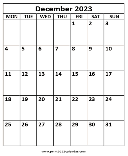 December 2023 Printable calendar