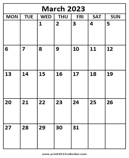 March 2023 Printable calendar